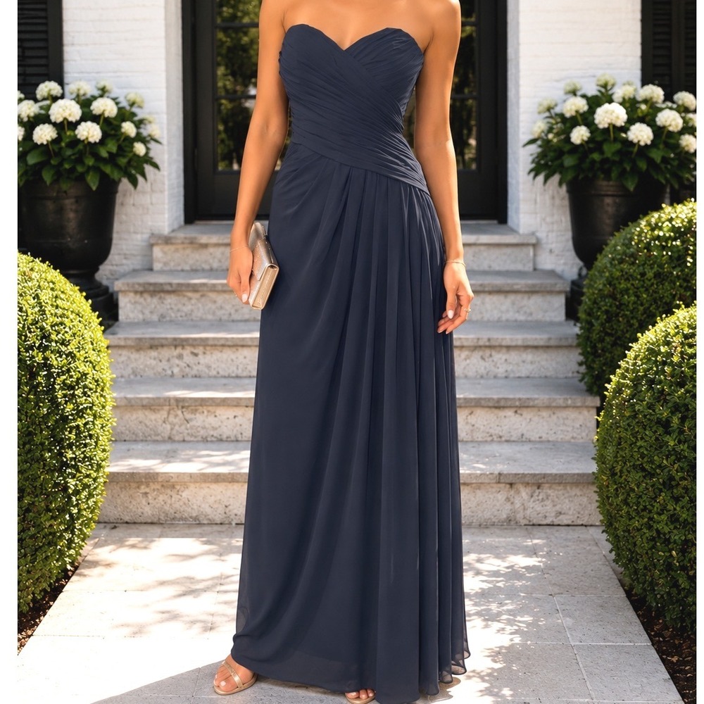 Mori Lee Madeline Gardner Navy Blue Strapless Ruched Chiffon Gown Dress 10 Z5